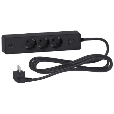 Подовжувач 3 гнізда з заземленням+2 USB, 3м Unica New чорний (ST943U3B)
