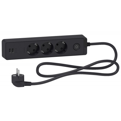 Подовжувач 3 гнізда з заземленням+2 USB, 1,5м Unica New чорний (ST943U1B)