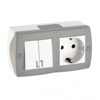 ⚡Выключатель двухклавишный + розетка с заземлением серии Octans (Mono Electric). Цвет Серый