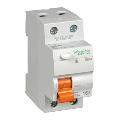 Диференційний вимикач навантаження (ПЗВ) Schneider ВД63 Домовий, 16A, 10мА, 2P (11454)
