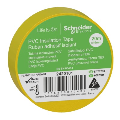 Ізоляційна стрічка Schneider Electric ПВХ 19мм/20м. Колір "Жовтий" (2420101)