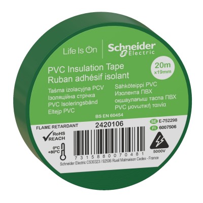 Ізоляційна стрічка Schneider Electric ПВХ 19мм/20м. Колір "Зелений" (2420106)
