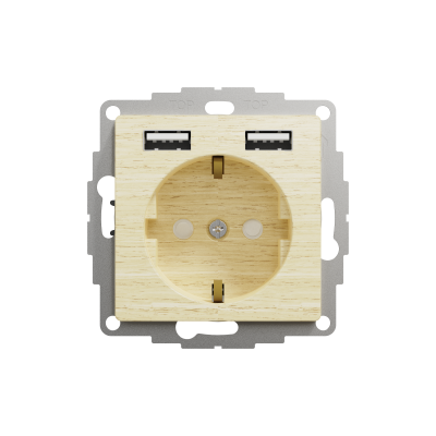 Розетка с заземлением + 2х USB типа А береза Sedna Design & Elements (SDD180052)